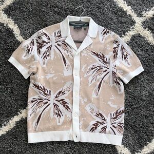 Ted Baker Beige White Palm-Print Short-Sleeve Button-Down Shirt